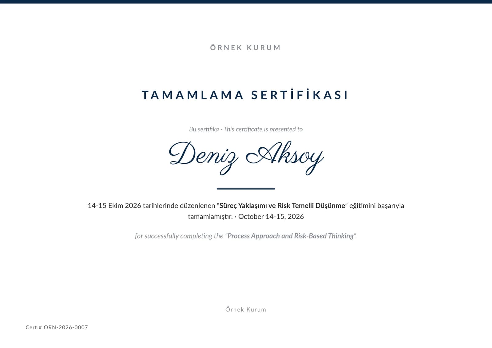 Örnek sınavın minimal şablonlu PDF sertifikası