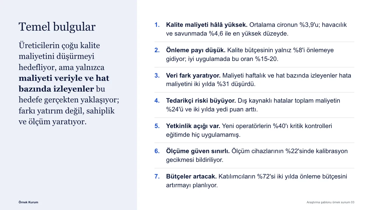 Araştırma şablonunda numaralı temel bulgular sayfası